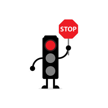 illustration vector graphic of a traffic light that is holding a sign that says stop with a red light that is on that shows a sign that the vehicle must stop suitable for learning logos and symbols