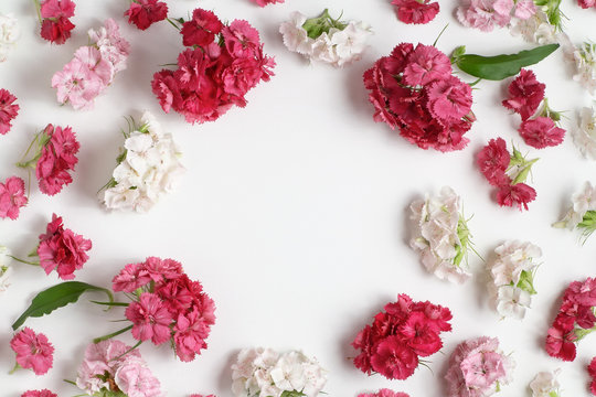 Floral arrangement with copy space. Template for greeting card or design. Frame of pink carnations on a white wooden background