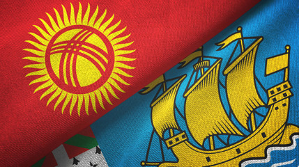 Kyrgyzstan and Saint Pierre and Miquelon two flags textile cloth, fabric texture