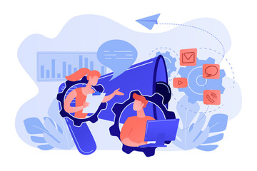 Pr managers communicate and huge megaphone. Public relations and affairs, communication, pr agency and jobs concept on white background. Pink coral blue vector isolated illustration