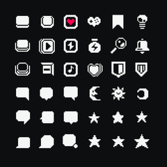 1-bit  symbols icons set. Design for mobile app, logo game, sticker, web,  badges and patches. Buttons, magnifier, bell, speech bubble, star, moon and sun. Isolated vector illustration. 1 bit sprite.