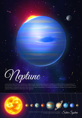 Neptune ice giant planet colorful poster with solar system. Galaxy discovery and exploration. Realistic planetary system in deep space vector illustration. Astronomy and astrophysics science flyer.