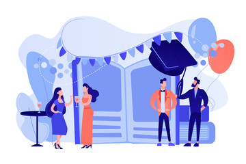 Tiny people high school students in dresses and suits chatting at promenade dance. Prom party, prom night invitation, promenade school dance concept. Pinkish coral bluevector isolated illustration