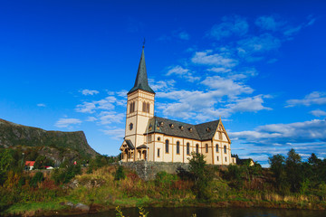 Lofoten Cathedral built in 1898 year, Lutheran parish church, Norway, Lofoten Islands, sunny summer day