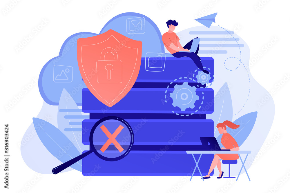 Poster protection shield with lock, magnifier and users working with protected data. internet security, pri