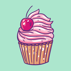 Cupcake with cherry and pink cream. Hand draw vector illustration. Isolated on green background.