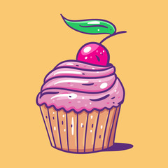 Cupcake with cherry. Hand draw vector illustration. Cartoon style.