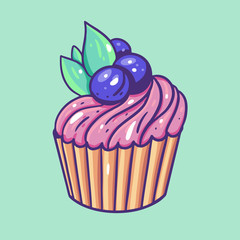 Cupcake with blueberry. Hand draw vector illustration. Cartoon style.