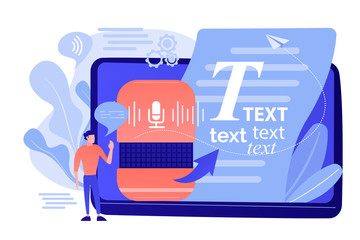 Speech-to-text app, voice recognition application. Convert speech to text, multi-language speech recognizer, voice-to-text software concept. Pinkish coral bluevector isolated illustration