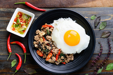 Thai food (Pad Kaprao Moo Kai Dao), stir-fried holy basil with minced pork and fried egg