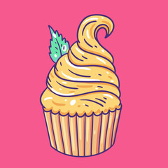 Cupcake with yellow cream. Hand draw vector illustration. Cartoon style.