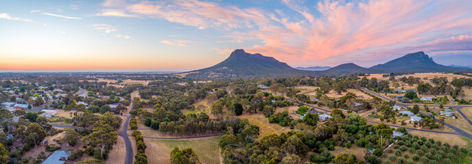 Wide aerial panorama of Mount Sturgeon and Dunkeld township at dusk
