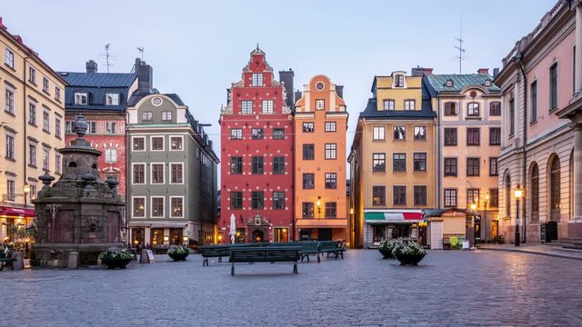 The Stortorget at dawn. It is the oldest square in Stockholm and part of Gamla Stan, the old town. Time lapse video.