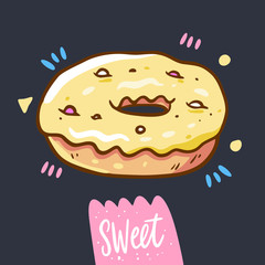 Sweet Donut with yellow cream. Hand draw vector illustration. Cartoon style.