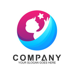 Kids Logo,Vector Logo Of Children Reach Stars In Circle Shape
