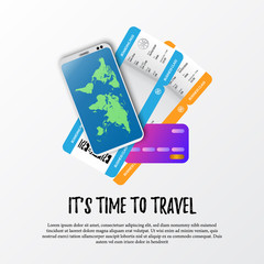 it's time to travel poster banner template. illustration of boarding pass airplane ticket, smatrphone with world map, and credit card for payment