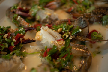 Close up of spicy blue crab salad.