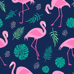 Vector seamless pattern with pink flamingos and tropical palm leaves. Hand Drawn illustration.
