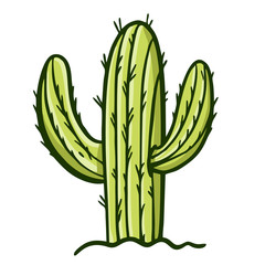 Green cactus in the soil. Hand drawn vector illustration. Flat cartoon style.