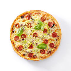 Pizza with Marbled Beef, Ham, Salami and Chorrizo Isolated