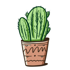Home cactus in brown pot. Hand drawn vector illustration. Cartoon style.