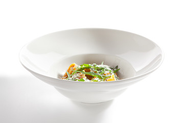 Tortellini with Perch and Tomato Sauce in Restaurant Isolated