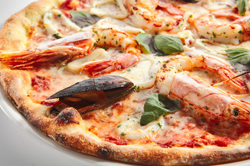 Italian Seafood Pizza with Squid, Mussels and Shrimps