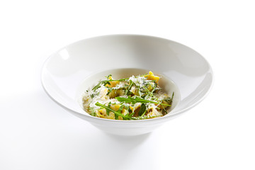 Tortellini with 4 Cheeses on White Restaurant Plate Isolated