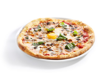 Pizza with Mushrooms, Bacon and Egg in Restaurant Plate Isolated