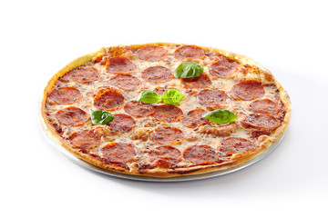 Traditional Italian Pepperoni Pizza, Isolated Fast Food Closeup