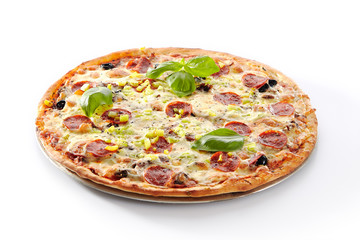 Pizza with Marbled Beef, Ham, Salami and Chorrizo Isolated