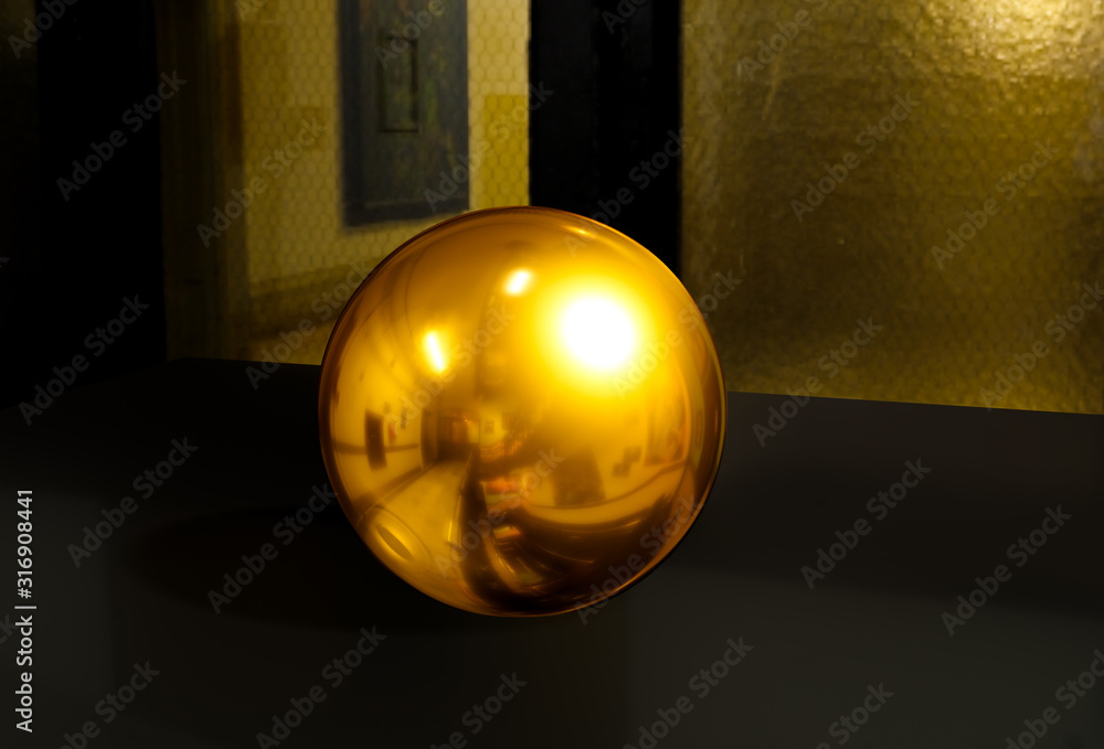 Poster 3d sphere on black table background texture with shadow. crystal shape or realistic glass ball in go