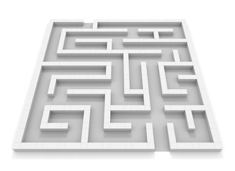 Square maze. White wall. Black and white. 3D rendering.