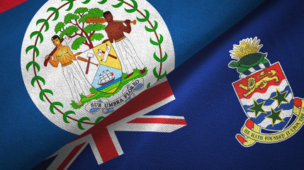 Belize and Cayman Islands two flags textile cloth, fabric texture