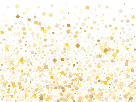 Small gold confetti sequins tinsels falling on white. Shiny Christmas vector sequins background. Gold foil confetti party glitter isolated. Many sparkles surprise backdrop.