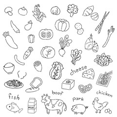 手書き風野菜と肉の可愛いイラスト素材