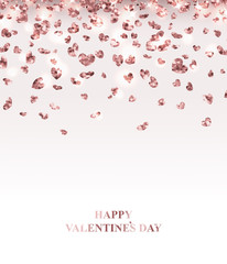 Happy Valentine day background with rose gold glitter heart confetti.