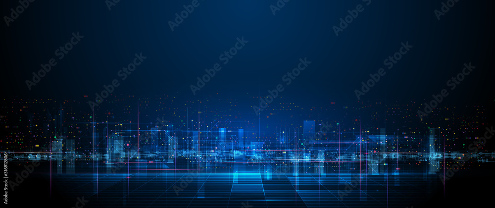 Poster vector illustration urban architecture, cityscape with space and neon light effect. modern hi-tech, 