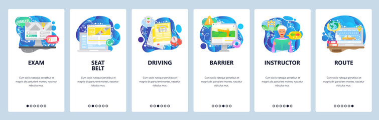 Driving test, studying to get driving license, road rules book. Mobile app onboarding screens. Menu vector banner template for website and mobile development. Web site design flat illustration