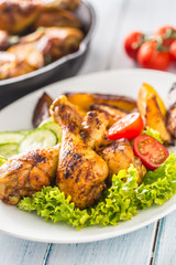 Roasted chicken legs with lettuce salad and tomatoes