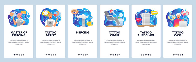 Tattoo salon accessories, piercing tools, tattoo artist, chair, autoclave. Mobile app onboarding screens. Menu vector banner template for website and mobile development. Web site design illustration