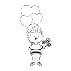 cartoon boy with heart balloons and beautiful flowers, flat design
