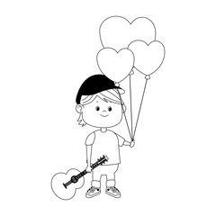 cartoon man with heart balloons and guitar, flat design