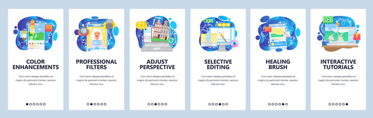 Photo editing software, filters, color enhancements, online tutorial. Mobile app onboarding screens. Menu vector banner template for website and mobile development. Web site design flat illustration