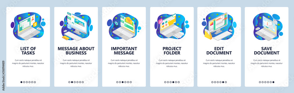 Aufkleber business management isometric icons, task list, messages, edit document online. mobile app onboardin
