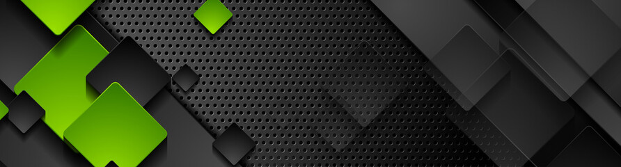 Green and black squares on dark perforated metallic background. Abstract technology banner design. Vector illustration