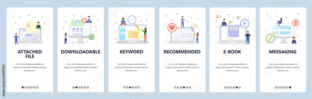 Poster computer icons, files and data, online profiles, recommendation, chat messages. mobile app onboardin