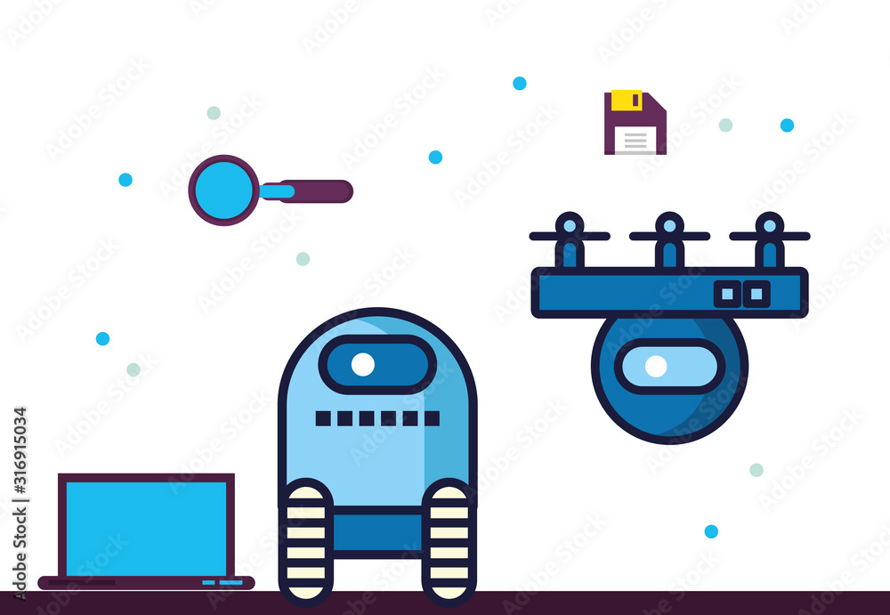 Poster couple of robots technology with data center icons
