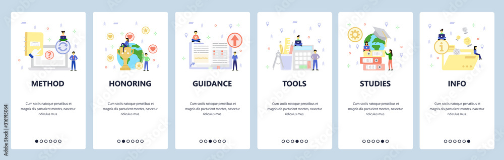 Poster education icons, office and studying accessories. mobile app onboarding screens. menu vector banner 