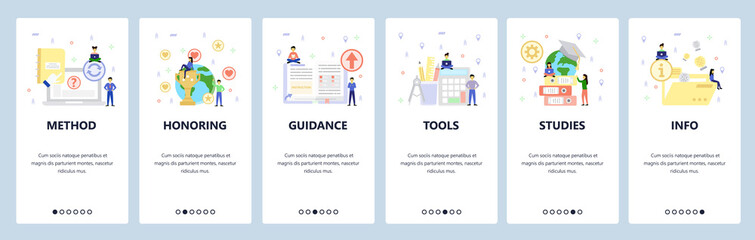 Education icons, office and studying accessories. Mobile app onboarding screens. Menu vector banner template for website and mobile development. Web site design flat illustration